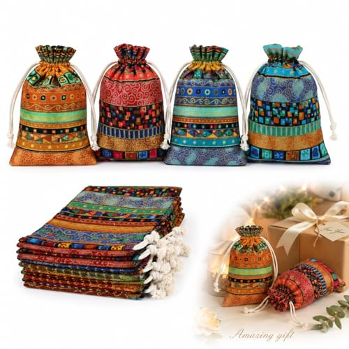 Nexaflow 20 Bolsas de Arpillera de Lino Estilo Étnico Egipcio,bolsitas de yute con cordón, 10x15cm de lino y algodón, motivos étnicos para regalos, boda, cumpleaños, Navidad