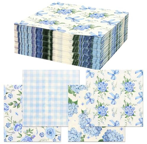 Servilletas de hortensias, 100 unidades, servilletas de flores, servilletas de papel desechables para primavera y verano, 33 x 33 cm, impresas en cuatro caras, azul y blanco, cumpleaños, fiestas