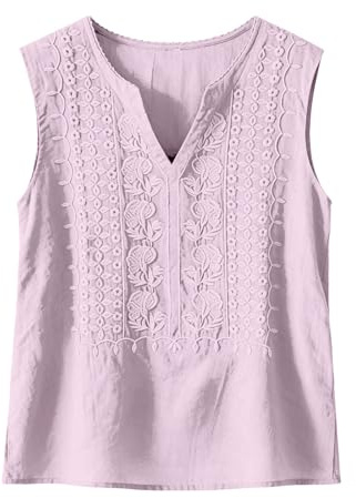 BUKKNYE Sleeveless Linen Tops for Women UK 2026 Embroidered V Neck Cotton Tank Top Oversized Dressy Solid Color Lightweight Summer Blouse Loose Fit Fashion Vacation Beach Shirts Plus Size