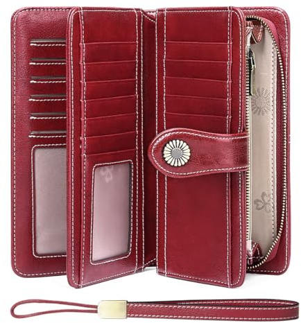 SENDEFN Leather Purses for Women, RFID Large Ladies Purse, Wallet for Women with Wrist Strap Wine Red