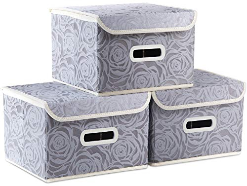 Prandom Storage Boxes with Lids Small.Rose Pattern Fabric Decorative Storage Box, Really Useful Box,Clothing Storage,Cubes Organizers,Collapsible,Stackable,25x20x217cm, Gray[3-Pack]