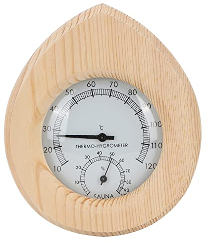 Sauna Thermo Hygrometer, 2 in 1 Sauna Thermometer und Luftfeuchtigkeitsmessgerät Tropfenförmiges Holz Thermometer Hygrometer für Dampfbad und Saunaraum, 16,5 x 14 cm