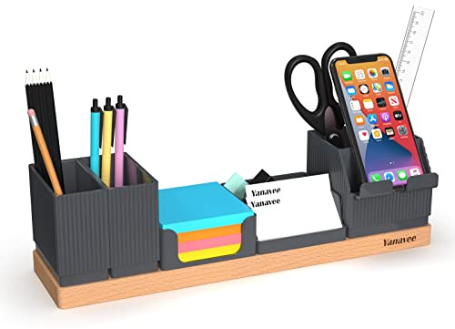 Yanavee Organisateur de Bureau avec Porte-Stylo Réglable, Support de Téléphone, Porte-cartes de Visite, Pot à Crayons, Plateau de Notes Autocollantes, Organiseur de Table pour Bureau à Domicile