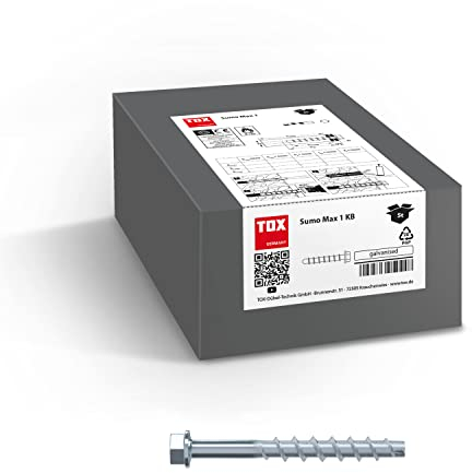 TOX Schraubanker Sumo Max 1 KB A4 10x90 mm, Sechskantkopf, nichtrostender Stahl A4, für verschiedene Einbautiefen, bauaufsichtlich zugelassen für schwere Lasten, 50 Stück, 041171291