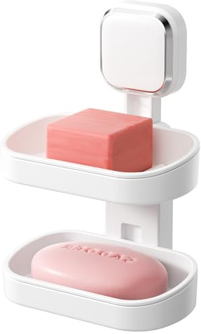 TAILI Soap Dish for Shower, Max Hold 3 KG Shower Soap Holder for Bathroom, Double Layer, Wall Mount Sponge Tray, Drill-Free, Removable Bathtub Organizer, Plastic Sink Holder Square Suction Cup, White