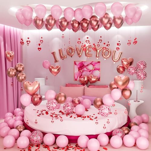 Valentine's Day Balloons Kit with Rose Gold Pink Heart Balloons, Rose Petals, 'I Love You' Message for Anniversary, Mother's Day, Wedding, Romantic Decorations