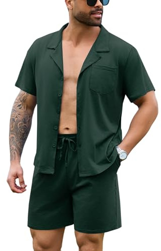 Irdcomps Pyjama Homme Coton Court Ete Ensemble de Pyjamas été Vêtements De Nuit Vêtements de détente à Manches Short Pyjama Col Rond Loungewear 2 Pièces Confortable Doux