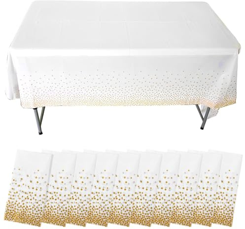 LDHHYH Lot de 10 Nappe Blanche Jetable Nappe Papier Rectangulaire 137x274CM Idéale pour Anniversaire - Effet Tissu - Nappes Jetable Blanc Intissé avec Motif à Pois Dorés pour Décorations Mariage