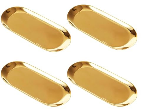 WATUNID 4 Stück Deko Tablett, Oval Gold Serviertablett, Edelstahl Servierteller, 23cm Tablett Serviertablett, Make-up Kosmetik Tablett, Ablageschale Schmuck Tablett für Dessert Kosmetik Schmuck Kerzen