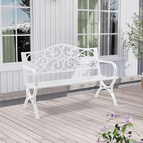 casa.pro Gartenbank Utav Outdoor Sitzbank wetterfest 127 x 53 x 79 cm Metallbank max. 300 kg Weiß 3-Sitzer-Bank