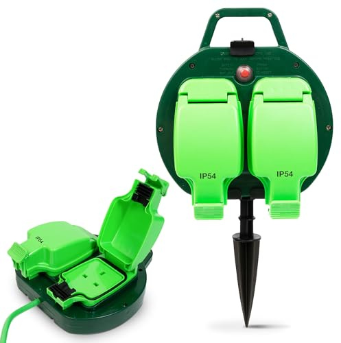 Desiretech - 15m Weatherproof Extension Cable with Garden Spike - 2 Socket - 13 Amp Outdoor Lead - Waterproof IP54 - Durable Green Cable for Garden, Outdoor Equipment - Flexible & Heavy Duty Design