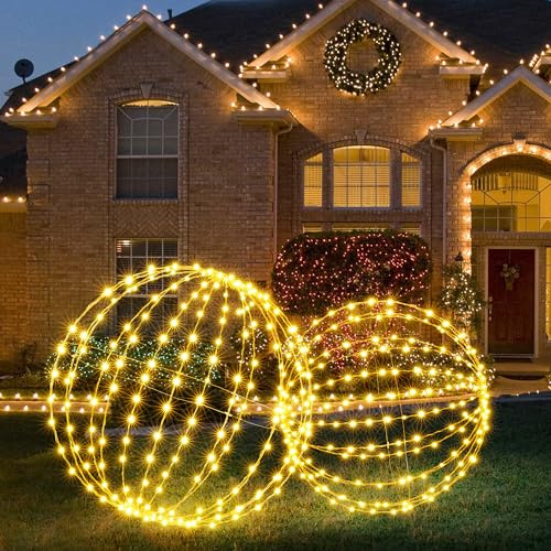 iBaycon Luci Di Natale per Esterni,Palline Bianche Calde Da Appendere con Perline Lampeggianti, Alimentazione a Rete con Timer,Luci Decorative Natalizie Feste In Giardino (50cm+45cm,Confezione Da 2)