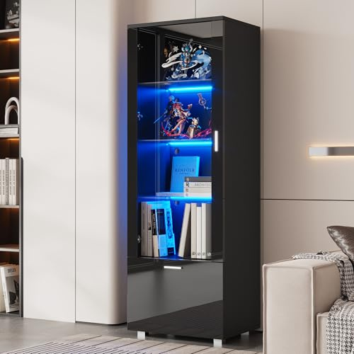 Easexcy Vetrine nere lucide con ante in vetro, vetrine in vetro illuminate a LED, 40 x 50 x 160 cm