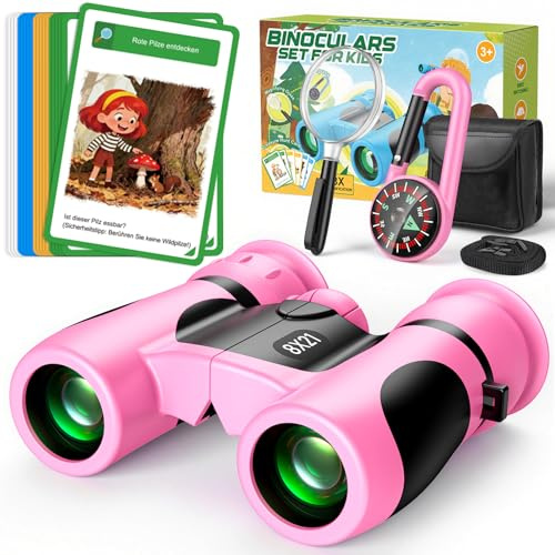 GeschenPark Jumelles pour Enfants, kit d'exploration en Plein air avec loupe, Boussole et Carte au trésor - 8X (Rose)