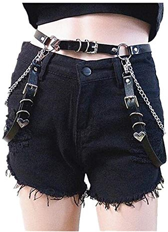 Black Sugar Dam flicka förklädnad hängselbälte svart Pu Solid ringar strumpeband sele kropp lår ben gotisk punk rock kedja stål snodd läderband, svart, S-L