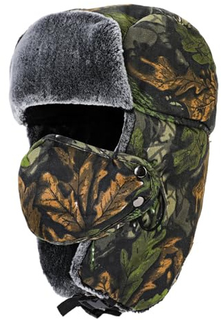 TAGVO Sombrero Trampero Camuflaje Invierno, Gorros de Aviador, Sombrero de Orejera Bombarderocon Prueba Viento Máscara, Sombrero de Caza Unisex para Esquiar Actividades Deportivas al Aire Libre