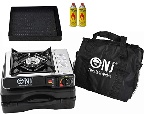 NJ-500 Portable Camping Gas Stove Single Burner Stainless Steel Outdoor Butane GRILL Plate Canisters (Stove + GRILL + 2 Canisters)