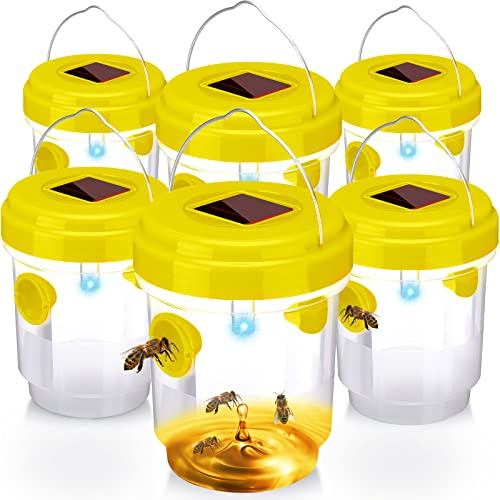 6 Packs 6 Pack Wasp Trap Solar Powered Bee Trap Reusable Fly Traps Outdoor Hanging Wasp Killer with UV LED Light Flying Insects Bee Killer for Indoor Outside Patio Garden Home (Yellow)