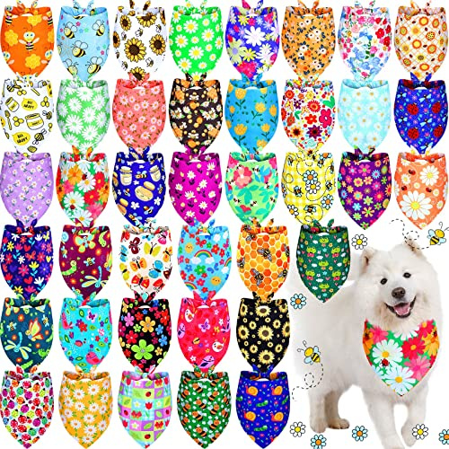 Sadnyy 40 Pcs Summer Spring Dog Bandanas Bulk Flower Hawaiian Triangle Reversible Bandanas for Large Dog Adjustable Pet Kerchief Scarf Washable Cat Scarf for Summer Holiday Pets