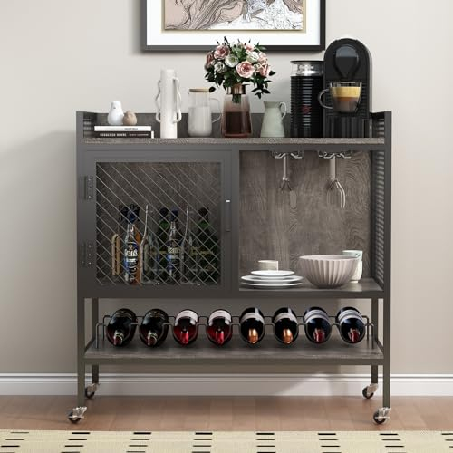 DAWNYIELD Weinschrank-Sideboard 3-stöckiger Bartisch mit Rollen Weinregal Stielglas-Halter, Netztür, industrieller Küchenschrank, Getränkeaufbewahrung, Präsentationsschrank für die Hausbar (Grau)