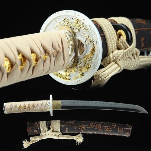 BAYCANTO Tanto Sword Handmade Full Tang Clay Tempered T10 Steel Short Japanese Katana Real Hamon Samurai kendo Dull Treasure Wakizashi Red Black Blue Green Sword (brown) (brown&white)
