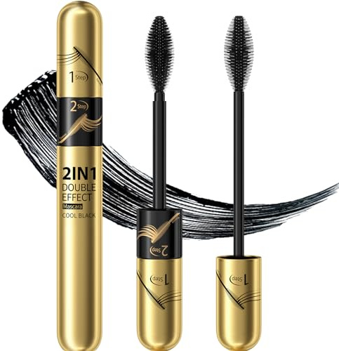 Jeffbaubl+Hellokiss Wimperntusche Wasserfest Schwarz, 2 In 1 4D Seidenfaser Wimperntusche, Langlebig Dicke Wimpern Mascara, Wischfest Und Nicht Verklumpend Für Augen Make Up