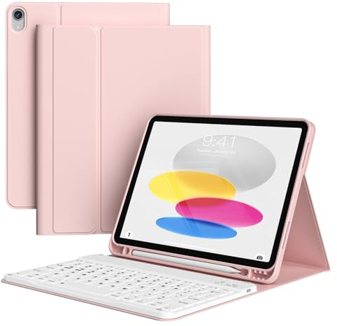 KVTVOU Keyboard Case for iPad A16 (2025 11th Gen) / iPad 10th Generation 2022, Magnetic Removable Bluetooth Keyboard, Four Corners Anti-Fall TPU Cover with Pencil Holder, Auto Wake/Sleep, Pink