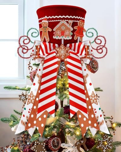KAHEIGN Punte per Albero di Natale, 25CM Grande Rosso Puntale per Albero di Natale Cappello a Cilindro con Pan di Zenzero e Fiocco a Righe per Casa Natale Inverno Festa Decorazione Desktop Ornamenti