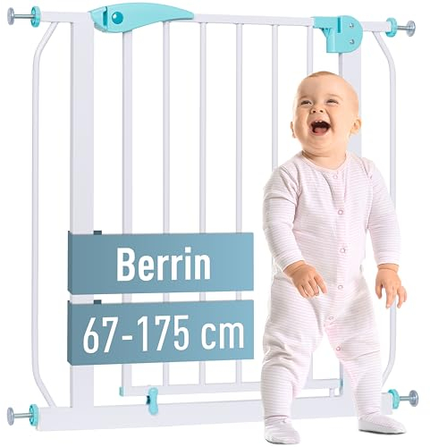 IB STYLE Türschutzgitter Berrin 67-75 cm, Treppengitter für Babys, Treppenschutzgitter ohne Bohren, Baby Sicherheitsgitter, Türgitter zum Klemmen, Kindergitter, Weiß Türkis