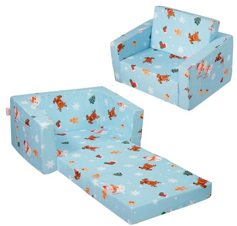 VEVOR Fauteuil pour Enfants Pliable, canapé pour Enfants 2 en 1, en éponge 25D Haute densité et Housse en Tissu imprimé Peau de pêche, Meuble de Salle de Jeux, Sofa Tout-Petits, Motif de Noël, Bleu