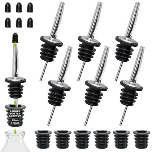 BALTRE 6 pezzi versatori in acciaio inox, tappo conico per olio d'oliva e aceto, versatori per liquori con tappi antipolvere in gomma per alcol, olio d'oliva, accessori per baristi con 6 adattatori