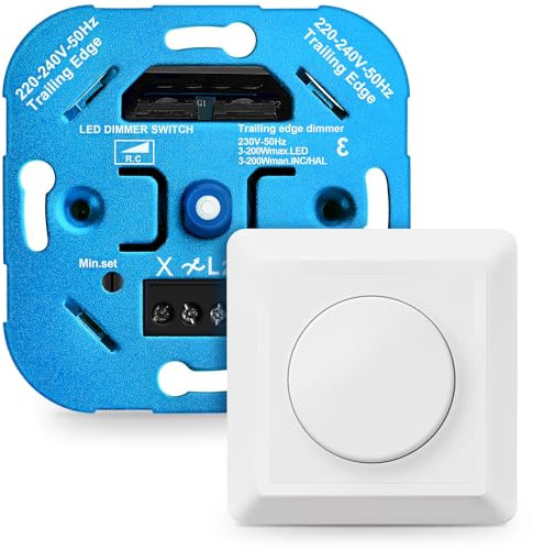 GeyouLux Variateur de Lumiere LED, Variateur Rotatif 3-200W, Variateur pour Lampes LED 230V, Interrupteur d'éclairage à Intensité Variable, Variateur pour Chambre, Salon, Cuisine, Salle de Conférence