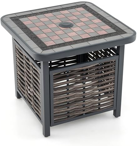 GIANTEX Mesa Auxiliar de Jardín de Mimbre con Agujero para Sombrilla, Mesita Cuadrada de Ratán PE con Tapa de Resina, Patrón de Ajedrez, 55 x 55 x 50 cm, Mesa de Café para Jardín, Balcón, Terraza