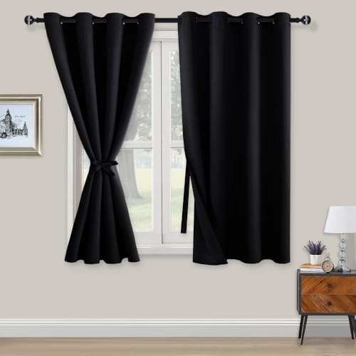 XWZO Blackout Curtains Shades Window Curtain Panels with Tiebacks- Noise Reduction and Thermal Insulated Eyelet Curtains for Bedroom,Living Room,Office,Study Room Black W52xL54