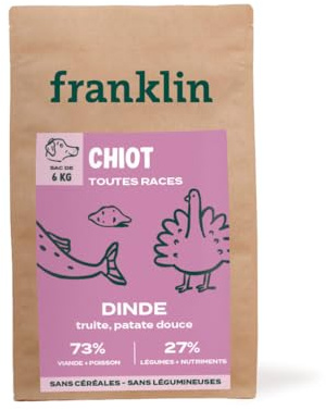 FRANKLIN Valpfoder - 73 % kalkon och öring - utan spannmål och baljväxter - lätt matsmältning - optimal tillväxt - storlek 13 mm - 6 kg