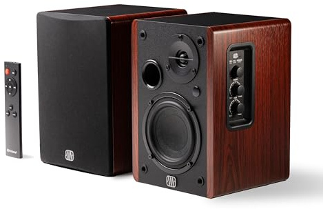 PreSonus Eris Accent Powered Bookshelf Speakers – 50W Wired Stereo Speakers for Record Player, Turntable, Desk & Home, Multiple Inputs, 4” Woofer, Studio Monitors, Tweeter, Remote, Sub Out, Wood Grain
