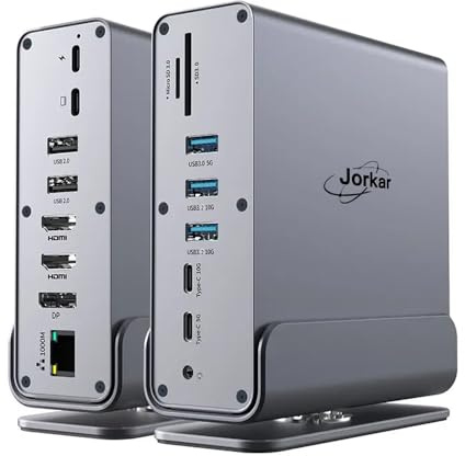 Jorkar Vertical Estación de Acoplamiento Triple Pantalla, 15 en 1 USB C Dock Hub Multipantalla con 2 HDMI 4K y 1 DP, 10Gbps de Datos USB-C y USB-A 3.2, Carga PD de 100W+Ethernet para Portatil