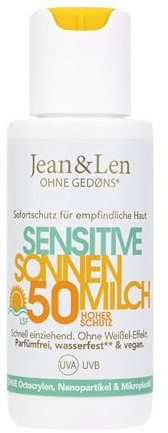 Jean & Len Sensitive Sonnenmilch LSF 50 wasserfest, Sofortschutz für Gesicht & Körper mit Vitamin E, mit UVA + UVB Filter, zieht schnell ein, ohne Parfum, vegane Reisegröße 50 ml