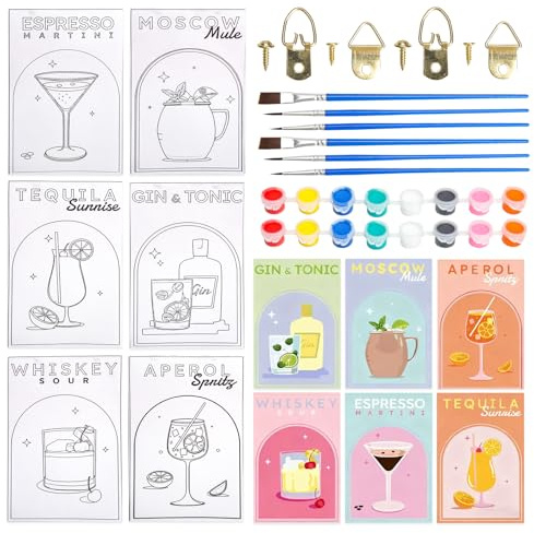 TMZELOA 6 pièces peinture par numéros adultes, 21x30 cm sans cadre, peinture par numéros cocktail avec peintures acrylique 2×8×3 ml et set de pinceaux 2×3, toile peintures par numéro cuisine bar