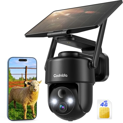 Codnida 4G LTE Caméra de Surveillance Extérieure sans Fil Solaire avec Carte SIM,9000mAh Batterie,2K HD,Vision Nocturne Couleur,Audio Bidirectionnel,IP66