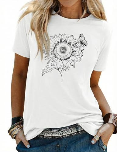 Gyabnw Camiseta Manga Corta Mujer Cuello Redondo Girasoles | Manga corta, estampado de girasoles, cuello redondo, para verano, prenda básica para distintos conjuntos
