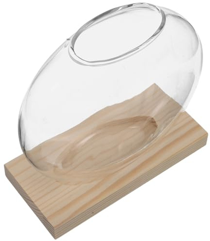 Abaodam Vase en Verre Transparent pour Plantes Hydroponiques avec Socle en Bois Naturel, Pot de Propagation Rond 1 Pièce, Jardinière Hydroponique de Bureau pour Décoration Intérieure