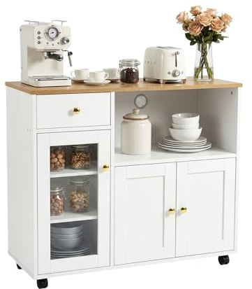 FURNITABLE Küchenschrank mit Arbeitsplatte, Buffetschrank, Sideboard Küche mit Mikrowellenregal, Verstellbare Ablagen, für Küche, Esszimmer, Wohnzimmer, Weiß, 90 x 40 x 81.5 cm