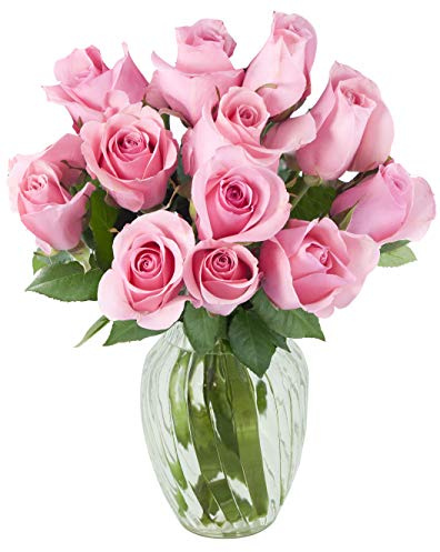 KaBloom PRIME NEXT DAY DELIVERY - Fall Collection - Bouquet of 12 Fresh Pink Roses with Vase. Gift for Birthday, Sympathy, Anniversary, Get Well, Thank You, Valentine, Mother’s Day Fresh Flowers