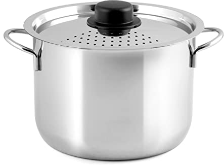 INOXPRAN - Cuociscola Inoxpasta in Acciaio Inossidabile, con Coperchio da 22 cm, con Fori, Utilizzabile nel Gas, Piastra Elettrica e Vetro Ceramica, Lavabile in Lavastoviglie