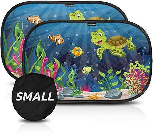 CARAMAZ Sonnenschutz für Auto Fenster klein, 2 Stück, 40 × 25 cm, extra dunkel, selbsthaftende Sonnenblende mit UV-Schutz für Babys & Kinder