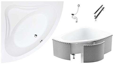 BADLAND Badewanne Original Weiß Acryl Wanne Eckbadewanne MIA 130x130 KOMPLETTSET SET mit Premium Styroporverkleidung + Füßen und Exklusive Chrom Automatik Ablaufgarnitur Made in EU 4in1