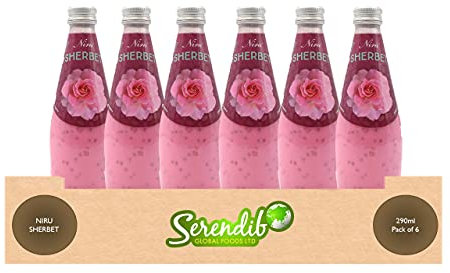 Niru Sherbet Drink 290ml | Pack of 6 | Rose Flavour with Basil Seed, Nata De Coco, & Noodle | Free From Preservatives | Product of Thailand