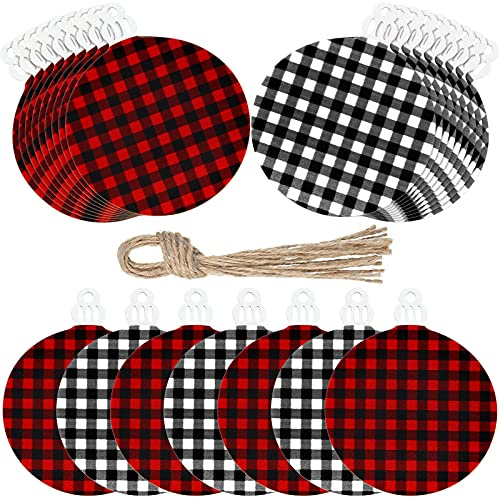 Jetec 96 Pieces Wooden Christmas Ornament 48 Pieces Predrilled Wood Slices 48 Pieces Twine Round Wooden Discs with Holes Unfinished Buffalo Plaid Blank for DIY Tree Decoration