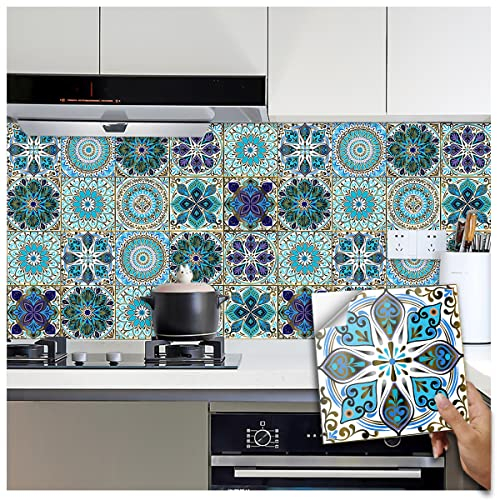 24pcs Moroccan Tile Stickers 15x15cm Blue Bathroom Tile Stickers for Kitchen Transfers Cover Stick On Wall Peel and Stick Tile Decals Waterproof 6x6